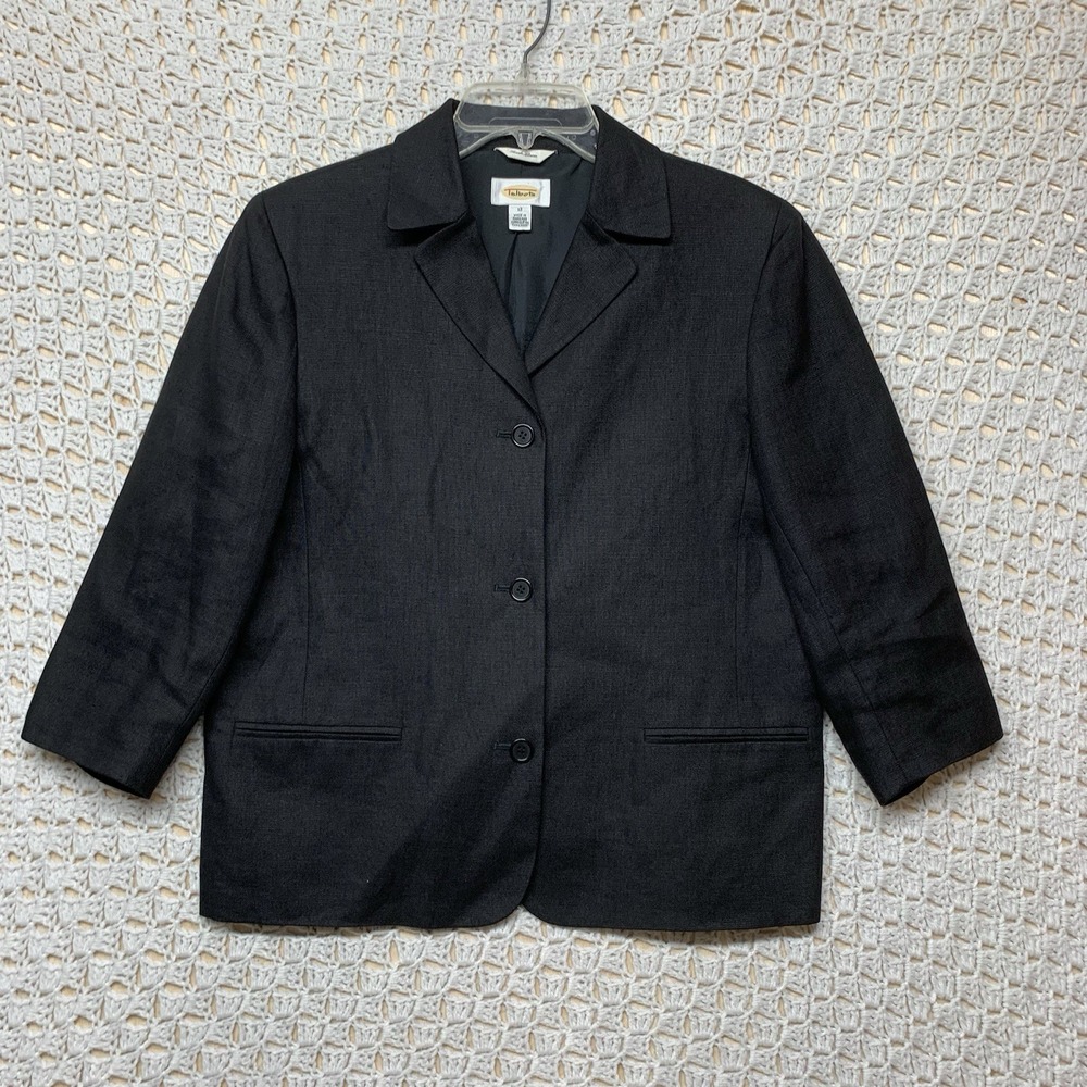Vtg Talbots Irish Linen‎ Blazer Jacket Women Sz 12 Black Button Front 3/4 Sleeve